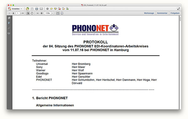 PhonoNet - Protokoll der 84. Sitzung des EDI-Koordinatoren-Arbeitskreises